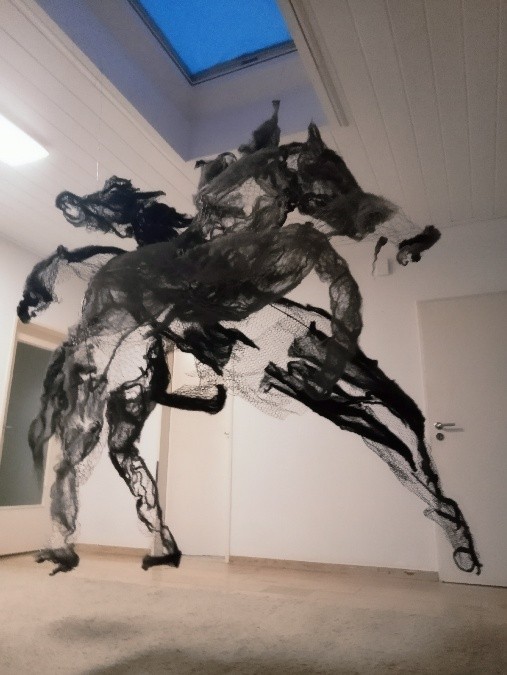 Maße: 2m Höhe X 2m Länge x 60 cm Breite (jeweils)- Material: Draht und Stahlwolle 
Die vorliegende Arbeit von Claudia Schewe behandelt in Form einer Metapher durch zwei 
galoppierende Pferde die Strömungen der Gedankenkräfte, die während eines künstlerischen 
Schaffensprozesses im Künstler/in ablaufen: Zu Anfang ist der Künstler oft begeistert von der ersten 
Idee, einer Bild- oder Objektfindung. Daher kann man das erste, silberne Pferd als "Euphorie" 
betrachten. Bei der späteren, kognitiven Phase, tritt der Künstler etwas zurück, betrachtet das 
Erschaffene selbstreflexiv. Hier tritt der "innere Kritiker" hinzu, in Form eines schwarzen Pferdes. 
Dieses kann im Idealfall eines harmonischen Gleichstroms der Kräfte auch in dieselbe Richtung 
fließen wie die "Euphorie".